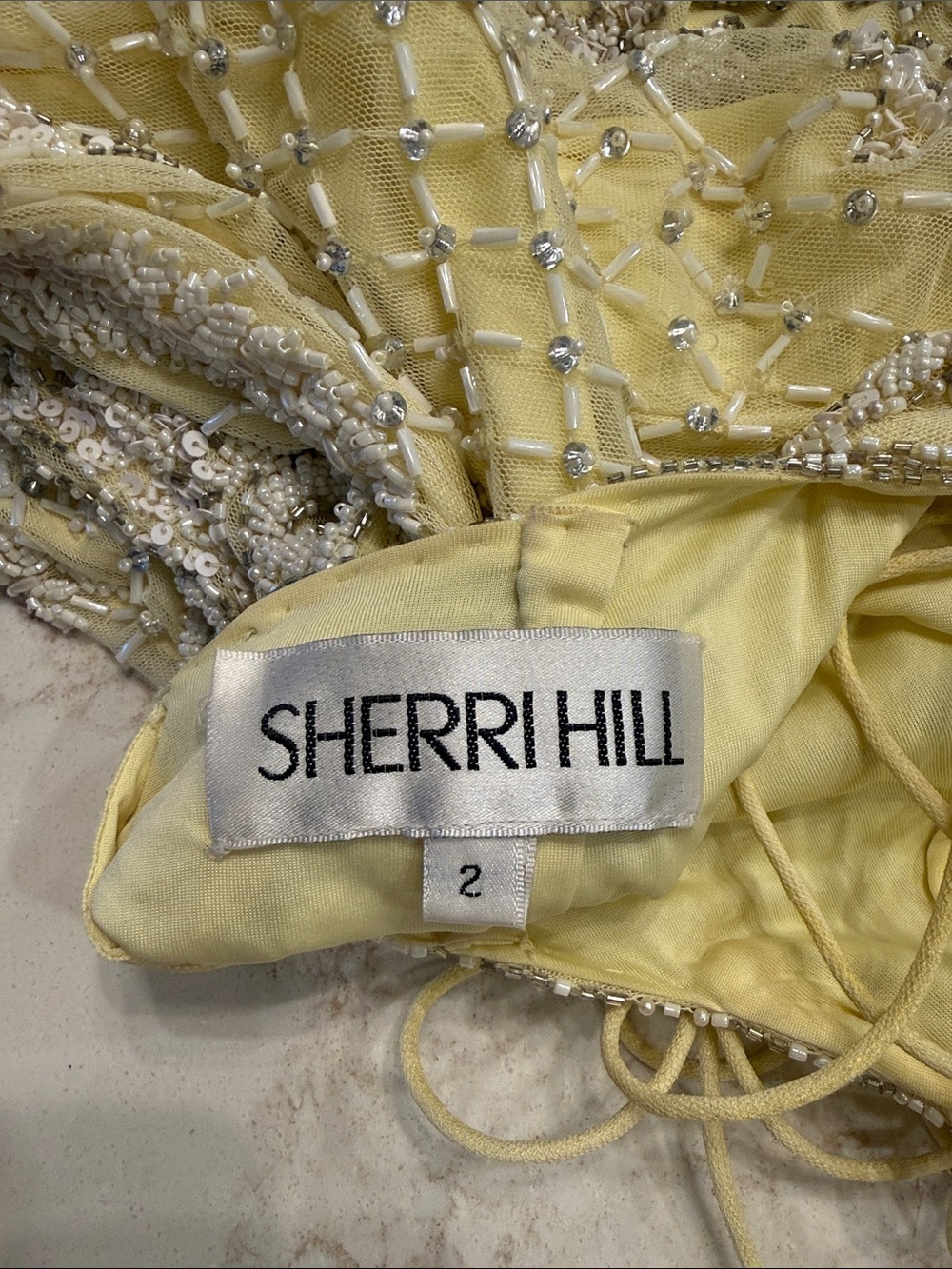 Unique Sherri Hill Pale Yellow Beaded Slip Gow - Picture 5 of 5